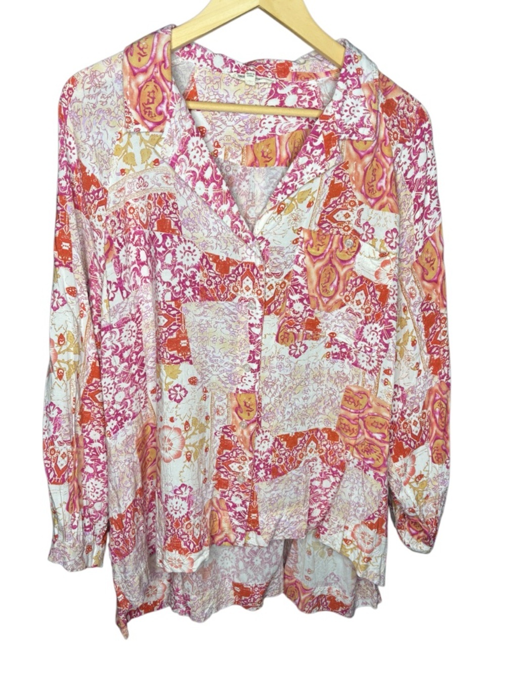 CHRISTIAN SIRIANO | Patchwork Floral Blouse Pink Orange Rayon Boho Button Front - Picture 3 of 6